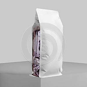 Mockup of white gusset packaging with transparent sides, presentation pouch on cube,  on background