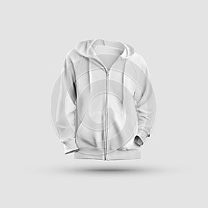 Mockup white hoodie 3D rendering with zip fastener, pocket and drawstrings on the hood, isolated on background, front view