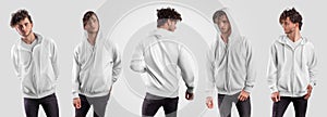 Mockup of a white hoodie with a zipper, with a pocket, and ties on the hood, front, back, for presentation of design, print,