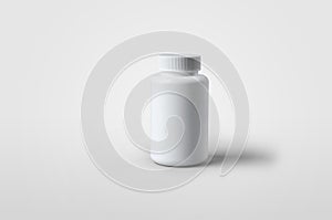 Mockup of white jar with screw cap, isolated and stands on background, empty bottle for pills, can be used in medicine or beauty