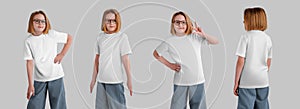 Mockup of a white kid\'s t-shirt for a girl in jeans, glasses, fashionable cotton wear for design, brand, commerce. Set