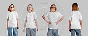 Mockup of a white kid\'s t-shirt on a smiling girl in jeans, glasses, cotton apparel for design, print, brand. Set