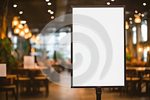 mockup white poster with black frame stand in front of blur restaurant cafe background for show or present promotion product