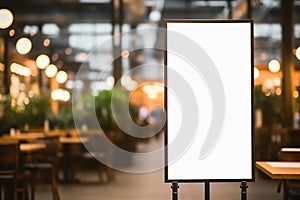 mockup white poster with black frame stand in front of blur restaurant cafe background for show or present promotion product