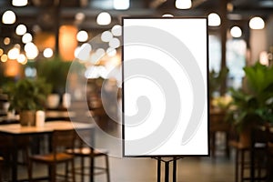 mockup white poster with black frame stand in front of blur restaurant cafe background for show or present promotion product