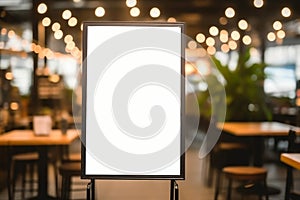 mockup white poster with black frame stand in front of blur restaurant cafe background for show or present promotion product