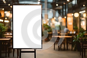 mockup white poster with black frame stand in front of blur restaurant cafe background for show or present promotion product