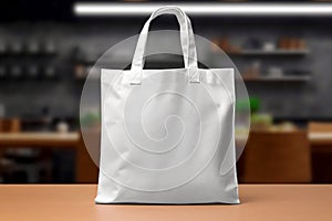 Mockup white shopper tote bag handbag on isolated kitchen background. Copy space shopping eco reusable bag. Grocery accessories.