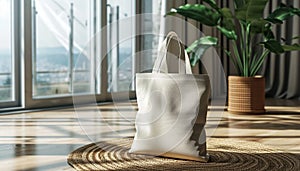 Mockup white shopper tote bag handbag in luxury room interior background. Copy space shopping eco reusable bag. Grocery