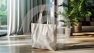 Mockup white shopper tote bag handbag in luxury room interior background. Copy space shopping eco reusable bag. Grocery
