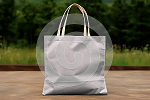 Mockup white shopper tote bag handbag on nature lawn outside background. Copy space shopping eco reusable bag. Grocery accessories