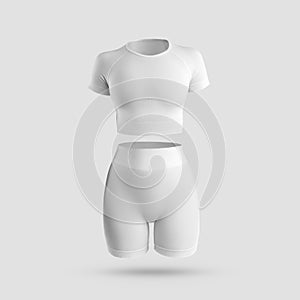 Mockup of a white sports suit for running 3D rendering, cropped top, high waist shorts, compression t-shirt for yoga,gym