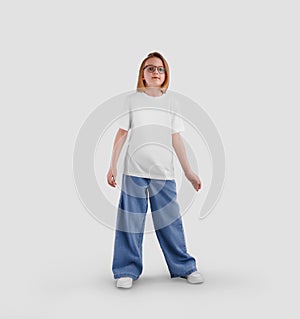 Mockup of a white t-shirt on a posing child, a girl in a shirt, jeans, sneakers, isolated on the background, front view