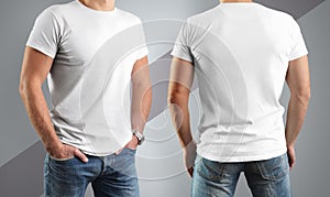 Mockup white t-shirts on the man, pose in front and back.