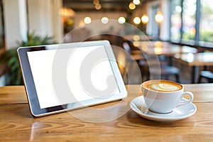 Tablet white screen similar to ipad display and coffee on background