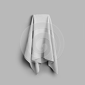 Mockup of white terry towel on towelling, shaggy fabric hanging on a hanger, isolated on background with shadows