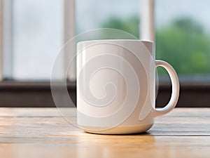 Mockup of a white, text-free, blank mug with blurred windows background.