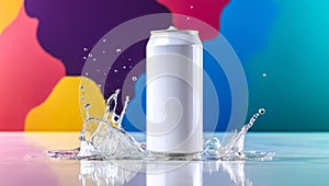 mockup of white tin can for a drink stands in splash of liquid on colorful bright background. branding and design placement