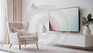 Mockup a white TV with armchair in living room with a white wall on digital art concept, Generative AI