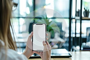 Mockup, womans hand holding using mobile, mobile app design and advertising, white screen mockup