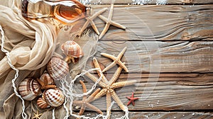 Mockup of wooden blank surface and seashells, starfish, Pebble, sea theme natural eco background with copy space, AI