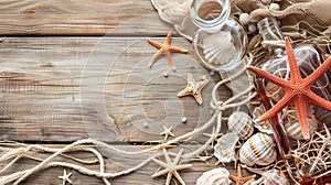 Mockup of wooden blank surface and seashells, starfish, Pebble, sea theme natural eco background with copy space, AI