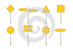 Mockup yellow traffic sign isolated on white background. Set of road signpost. Blank board with place for text. Vector