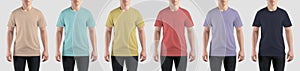 Mockup of yellow, violet, dark blue, tan, nude, red, turquoise t-shirt on guy in jeans, isolated on background