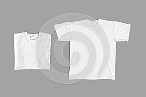 Mockups for design presentation clothing. Top of view. Unfolded and folded blank white t-shirt isolated on a grey background.