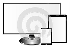 Mockups of a monitor, a tablet computer and a smartphone on a white background. Can be used as a template for your design.