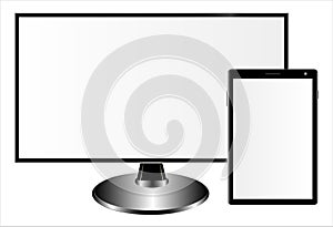 Mockups of a monitor and tablet computer on a white background. Can be used as a template for your design.
