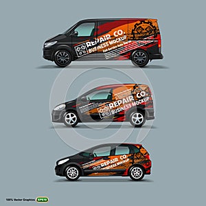 Mocup set with advertisement on Black Car, Cargo Van, and delivery Van.