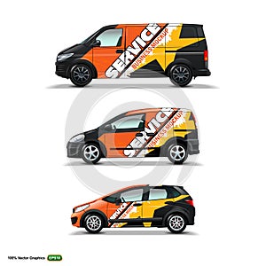 Mocup set with advertisement on Black Car, Cargo Van, and delivery Van. photo