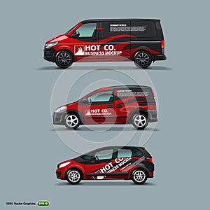 Mocup set with advertisement on Black Car, Cargo Van, and delivery Van. photo