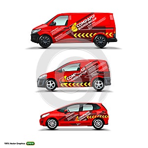 Mocup set with advertisement on Red Car, Cargo Van, and delivery Van. photo