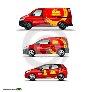 Mocup set with advertisement on Red Car, Cargo Van, and delivery Van. photo