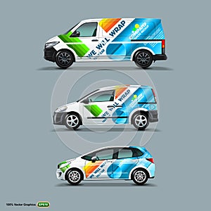 Mocup set with advertisement on White Car, Cargo Van, and delivery Van. photo