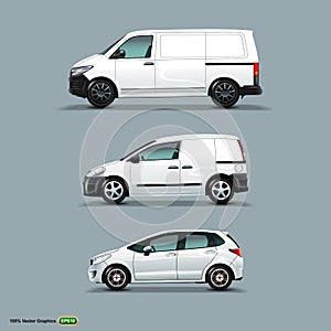 Mocup set of White Car, Cargo Van, and delivery Van.