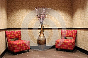 Mod chairs and vase in upscale hotel