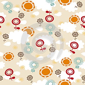 Mod Flowers, Suns, and Clouds Seamless Pattern