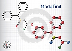 Modafinil molecule. It is stimulant, wakefulness promoting agent. Sheet of paper in a cage. Structural chemical formula and