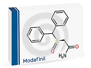 Modafinil molecule. It is stimulant, wakefulness promoting agent. Skeletal chemical formula. Paper packaging for drugs