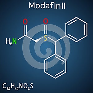 Modafinil molecule. It is stimulant, wakefulness promoting agent. Structural chemical formula on the dark blue background