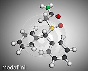 Modafinil molecule. It is stimulant, wakefulness promoting agent. Used in the treatment of narcolepsy. Molecular model