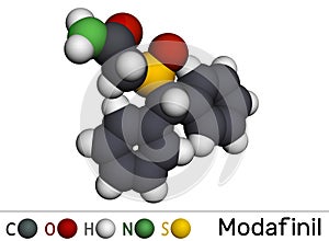 Modafinil molecule. It is stimulant, wakefulness promoting agent. Used in the treatment of narcolepsy. Molecular model