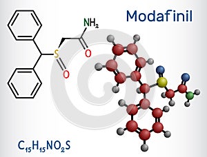 Modafinil molecule. It is stimulant, wakefulness promoting agent. Used in the treatment of narcolepsy. Structural chemical formula