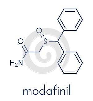 Modafinil wakefulness promoting drug molecule. Used to treat narcolepsy. Skeletal formula.