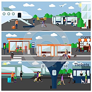 Mode of Transport concept illustration. Airport, bus and railway stations. City transportation objects, bus, train, plane,
