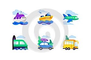 Mode of travelling transport flat icon set