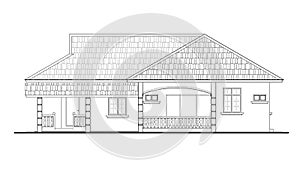 2D CAD single storey house external elevation drawing complete with facade decoration, window and door.